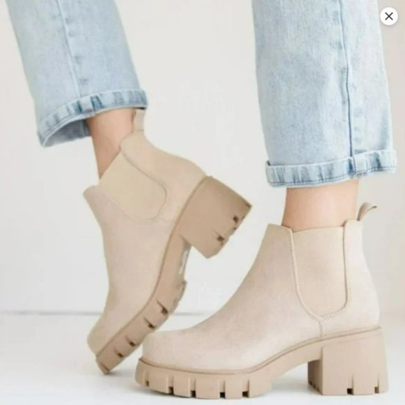 New Wheat Beige Chelsea Elastic Platform Sole Ankle Boots Booties - Picture 6 of 6